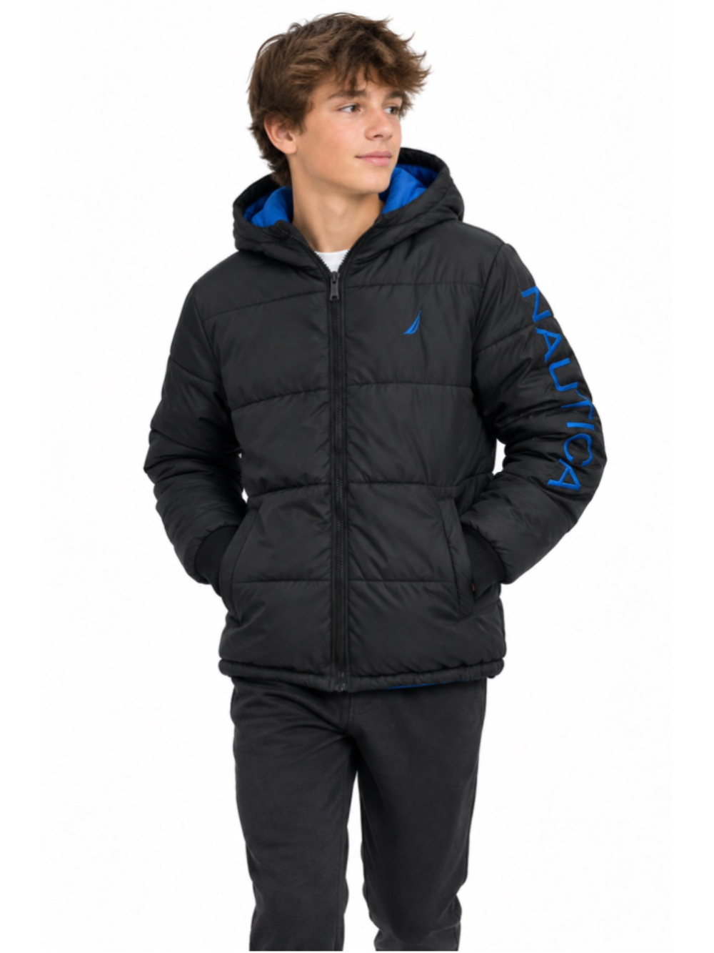 Boys Nautica Puffer Jacket Size 14 Black and Blue